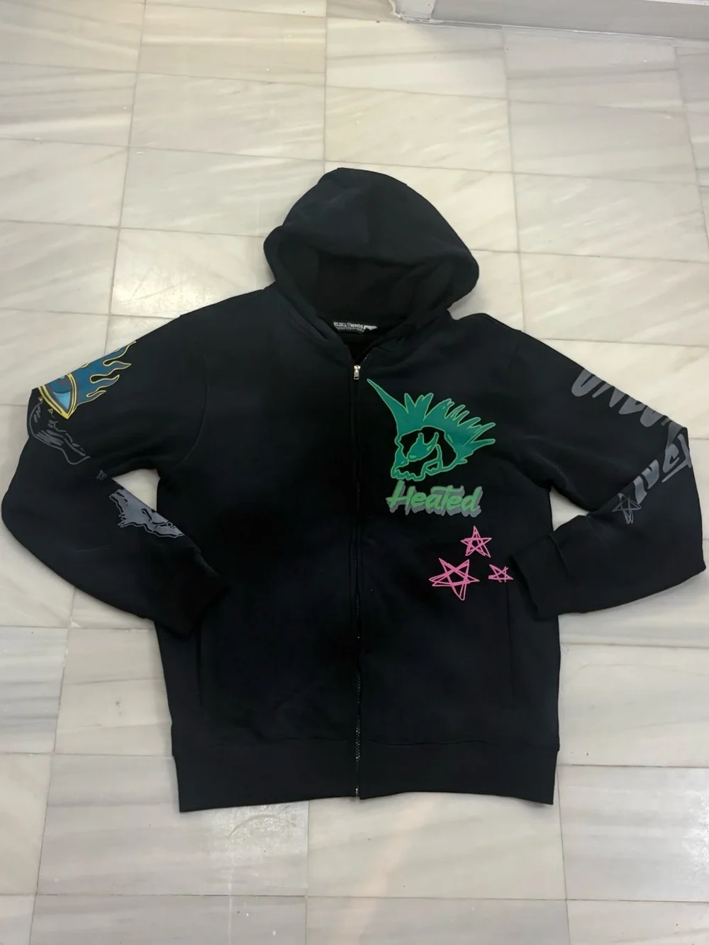 Heated Black Kids Zip-Up Hoodie with Neon Graphics